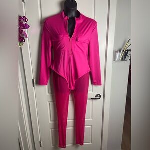 SHEIN Curve Hot Pink Zip Front Bodysuit & Mesh Leggings Set 1XL